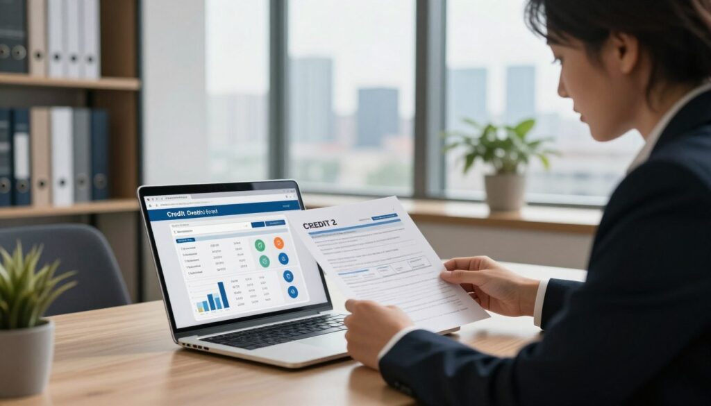 A professional-looking office environment with a modern desk in the foreground, featuring a laptop displaying a credit report on the screen. A focused business professional, dressed in smart attire, is seated at the desk, carefully reviewing the document. The middle ground showcases a large window letting in natural light, with a view of a city skyline to add depth. In the background, there are bookshelves filled with financial books, and a potted plant adding a touch of greenery. The lighting is warm, creating a motivated and productive atmosphere. Emphasize the clarity of the credit report with detailed graphs and icons showing credit scores. Capture the mood of diligence, professionalism, and insight.