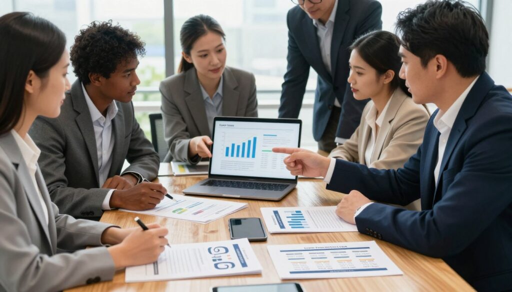 A professional meeting setting, showcasing a diverse group of individuals in business attire engaged in discussions about loan terms. In the foreground, a wooden conference table is strewn with documents comparing different loan options, highlighting interest rates and terms. The middle layer features the individuals, three men and two women of various ethnic backgrounds, pointing at graphs and charts on a laptop screen, deep in conversation. The background hints at a modern office with large windows allowing natural light to pour in, creating a bright and positive atmosphere. The overall mood is one of collaboration and critical decision-making, emphasizing the importance of understanding loan conditions before signing a contract. Soft, warm lighting enhances the professional ambiance.