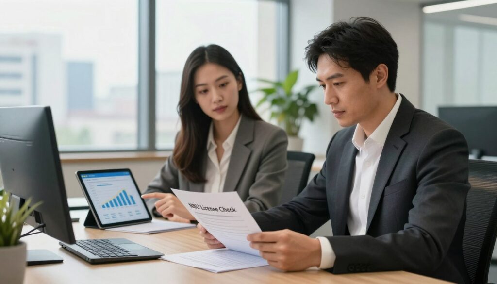 A professional, modern office environment, showcasing a business meeting in progress. In the foreground, a confident man in a smart suit is sitting at a sleek desk, closely examining a document marked "NBU License Check". He appears focused, with an expression of diligence. In the middle ground, a woman in professional attire is seated across from him, pointing at a digital tablet that displays graphs and statistics about loan transparency. The background features large windows with natural light pouring in, office plants, and a cityscape view. The atmosphere is serious yet collaborative, emphasizing trust and professionalism, indicative of choosing a reliable lender in Ukraine. The image should be well-lit, capturing the details of the office with a warm and inviting ambiance.