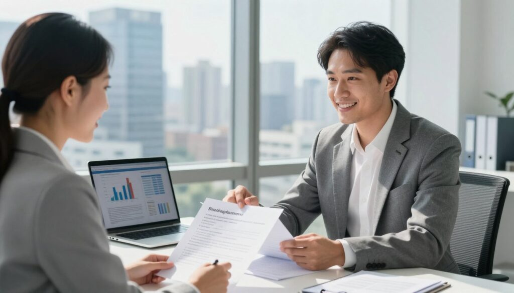 A professional, modern office setting where a well-dressed male and female financial advisor review loan requirements with a prospective borrower. In the foreground, the advisors are smiling, engaging in conversation while highlighting documents with key points about borrower requirements, such as identity verification and credit history. The middle section includes a stylish desk with a laptop open, displaying graphs and financial data. In the background, a large window reveals a cityscape, filled with tall buildings under a bright, sunny sky, creating a feeling of optimism and opportunity. Soft, natural lighting bathes the scene, enhancing the welcoming atmosphere of financial guidance and support.