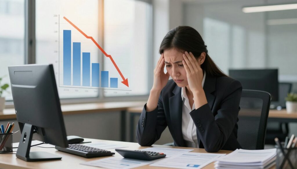 A professional office environment depicting the risks of loan default. In the foreground, a worried businesswoman in a smart suit sits at a desk littered with overdue bills and a calculator, her expression tense as she contemplates her financial situation. In the middle ground, a graphical representation of falling charts and increasing debt looming above her, creating a sense of urgency. The background is a softly lit office with large windows, casting a warm glow on the scene, highlighting the woman’s anxiety. The overall atmosphere is one of seriousness and urgency, conveying the potential consequences of missed payments in a clear yet nuanced way, emphasizing the importance of responsible lending.