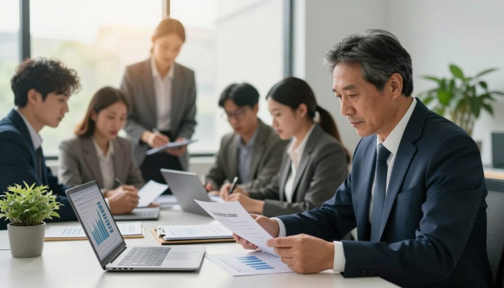 A professional office environment with a focus on loan repayment and finance management. In the foreground, a middle-aged man in a crisp business suit is attentively reviewing documents on a sleek desk, with a laptop open showing financial graphs. In the middle, a diverse group of professionals—men and women—are engaged in a discussion, some taking notes, emphasizing collaboration on loan management strategies. The background features a large window with soft, natural light filtering in, casting a warm glow over the scene. Potted plants add a touch of greenery, enhancing the professional atmosphere. The mood is focused and productive, capturing the essence of credit repayment and financial planning.