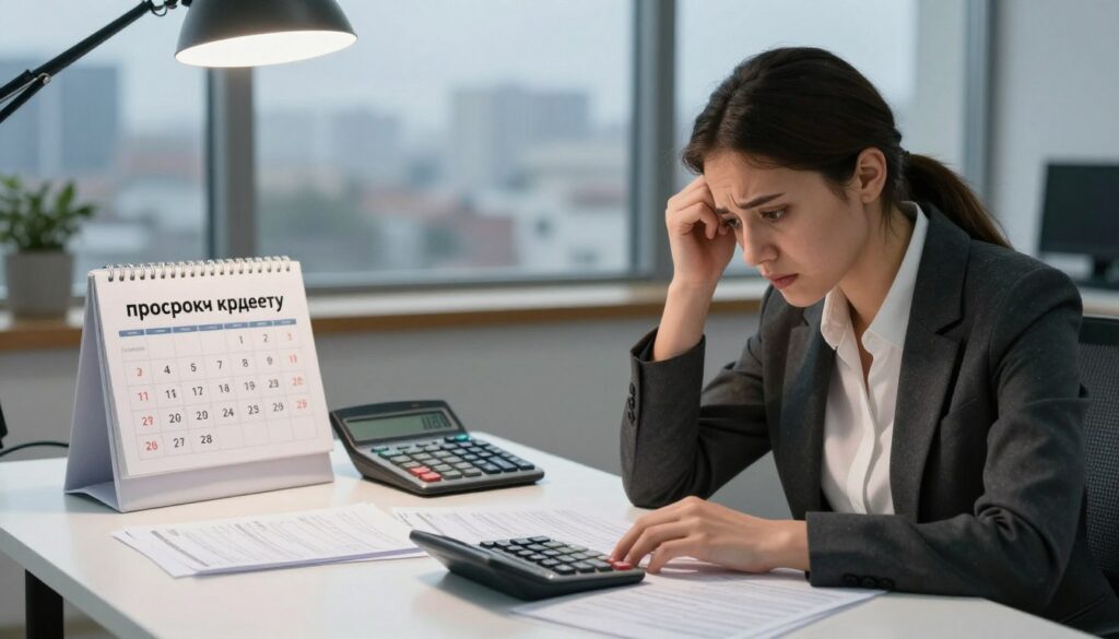 A professional office setting depicting the concept of loan default ("просрочка кредиту"). In the foreground, a worried young woman in business attire is sitting at a desk cluttered with overdue bills and a calculator, her expression reflecting anxiety over mounting debt. In the middle ground, a calculator displays increasing numbers, symbolizing interest rates, and a calendar marked with overdue payment dates. In the background, a large window shows a gloomy cityscape, hinting at the consequences of financial distress. Soft overhead lighting creates a somber yet realistic atmosphere. The image should possess a sense of urgency and concern while maintaining a clean, professional aesthetic. The angle should be slightly elevated to capture the desk's contents effectively.