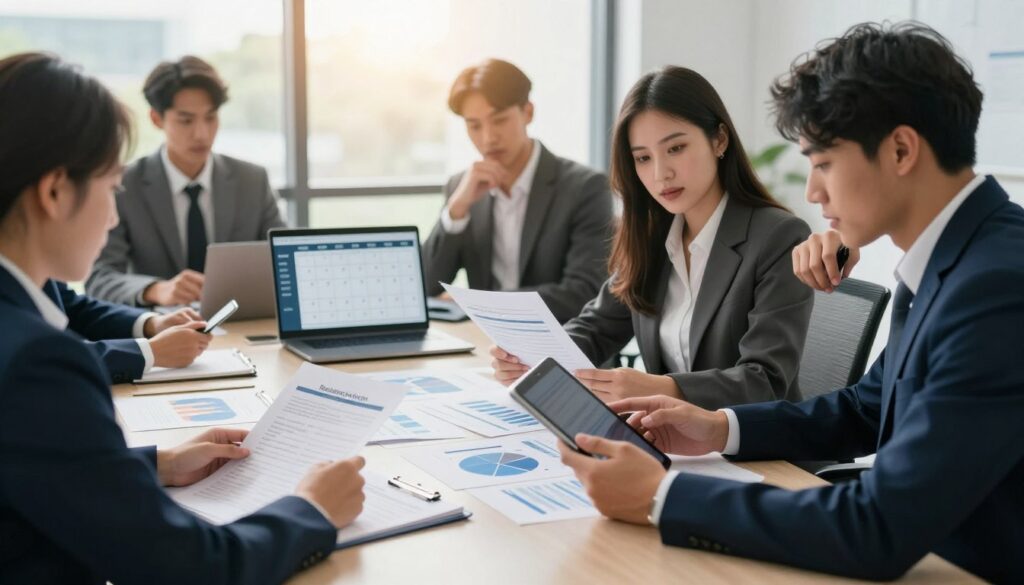 A professional office setting focused on financial arrangements. In the foreground, a diverse group of individuals in business attire, including a confident woman reviewing documents and a thoughtful man analyzing a tablet, representing collaboration in managing repayment terms. In the middle ground, a sleek conference table scattered with financial charts, payment schedules, and a laptop displaying a digital calendar for tracking payments. The background features a large window with natural sunlight streaming in, casting a warm glow across the scene, creating an atmosphere of productivity and trust. The overall composition emphasizes clarity and organization, symbolizing effective financial management and the importance of adhering to repayment plans. The image has a balanced focus with a depth of field that subtly blurs the background, ensuring the subjects and their actions remain the central focus. A professional office setting focused on financial arrangements. In the foreground, a diverse group of individuals in business attire, including a confident woman reviewing documents and a thoughtful man analyzing a tablet, representing collaboration in managing repayment terms. In the middle ground, a sleek conference table scattered with financial charts, payment schedules, and a laptop displaying a digital calendar for tracking payments. The background features a large window with natural sunlight streaming in, casting a warm glow across the scene, creating an atmosphere of productivity and trust. The overall composition emphasizes clarity and organization, symbolizing effective financial management and the importance of adhering to repayment plans. The image has a balanced focus with a depth of field that subtly blurs the background, ensuring the subjects and their actions remain the central focus.
