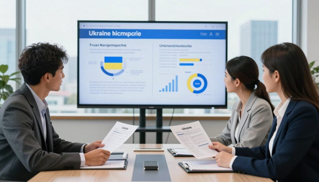 A professional office setting with a business meeting theme, focusing on the process of selecting a reliable company in Ukraine for financial services. In the foreground, a diverse group of three professionals (a man and two women) are gathered around a sleek conference table, examining documents that represent licenses and registries. They are dressed in smart business attire, exuding confidence and collaboration. In the middle ground, a large digital screen displays infographics about company licensing and trust indicators. The background features a large window with a view of a modern city skyline under bright, natural daylight. The overall atmosphere is one of professionalism, clarity, and trust, capturing the essence of making informed financial decisions. A professional office setting with a business meeting theme, focusing on the process of selecting a reliable company in Ukraine for financial services. In the foreground, a diverse group of three professionals (a man and two women) are gathered around a sleek conference table, examining documents that represent licenses and registries. They are dressed in smart business attire, exuding confidence and collaboration. In the middle ground, a large digital screen displays infographics about company licensing and trust indicators. The background features a large window with a view of a modern city skyline under bright, natural daylight. The overall atmosphere is one of professionalism, clarity, and trust, capturing the essence of making informed financial decisions.
