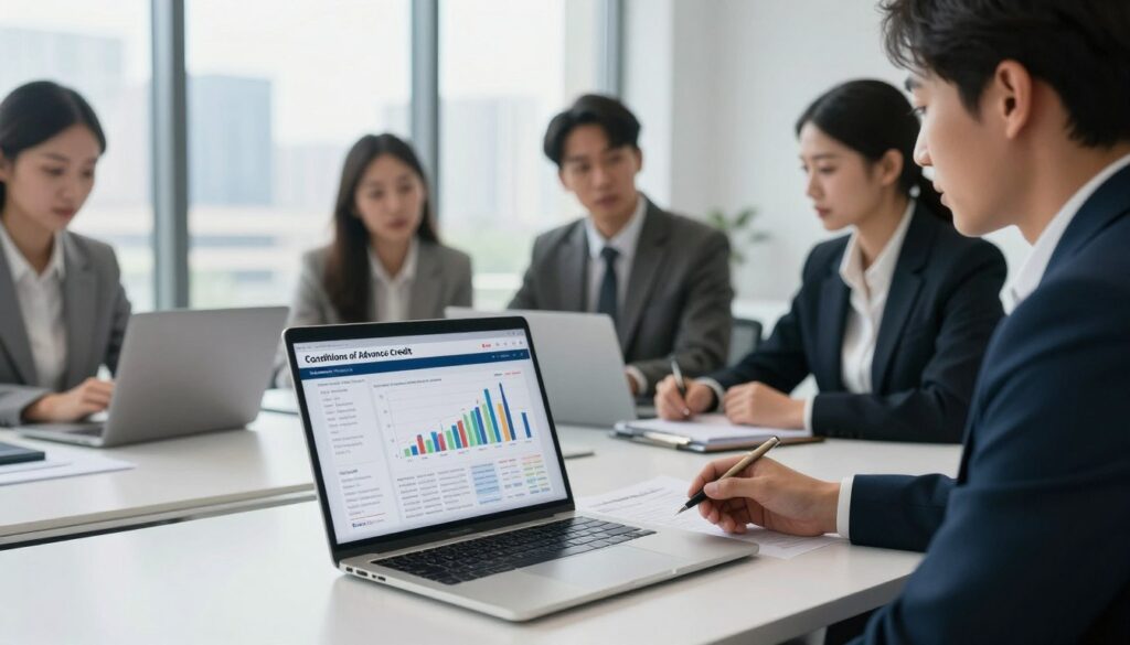 A professional office setting with a modern desk in the foreground, showcasing a laptop displaying financial data. Beside the laptop, place documents with graphs outlining loan terms and conditions, symbolizing advance credit details. In the middle ground, a diverse group of business professionals in professional attire, engaged in a discussion with serious expressions, representing the importance of understanding credit conditions. In the background, a large window with a cityscape view, casting soft, natural light onto the scene. The atmosphere should feel focused and analytical, with a hint of urgency, emphasizing the significance of the section titled "Conditions of Advance Credit" and key characteristics.