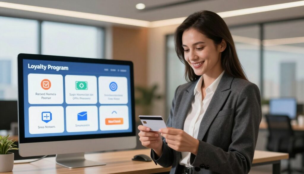 A professional scene illustrating a loyalty program for financial services. In the foreground, a confident businesswoman in a smart business suit reviews a loyalty card with a satisfied expression. In the middle, a sleek digital display showcases various loyalty program benefits, such as reduced interest rates and special offers, with icons representing cash and rewards. The background features a modern office setting with warm, inviting lighting, and a large window showing a city skyline. The atmosphere is optimistic and professional, emphasizing trust and financial growth. The image should have a slight depth of field effect, focusing on the woman and the digital display while softly blurring the background to create a sense of clarity and purpose. A professional scene illustrating a loyalty program for financial services. In the foreground, a confident businesswoman in a smart business suit reviews a loyalty card with a satisfied expression. In the middle, a sleek digital display showcases various loyalty program benefits, such as reduced interest rates and special offers, with icons representing cash and rewards. The background features a modern office setting with warm, inviting lighting, and a large window showing a city skyline. The atmosphere is optimistic and professional, emphasizing trust and financial growth. The image should have a slight depth of field effect, focusing on the woman and the digital display while softly blurring the background to create a sense of clarity and purpose.