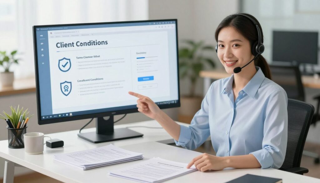 A professional setting depicting a customer service representative standing confidently at a modern desk, smiling and engaging with a visually engaging digital interface that displays simplified concepts of client rights and transparency in conditions. In the foreground, a well-organized workspace with documents about customer rights neatly arranged. The middle ground features a large screen showing icons representing terms and conditions alongside symbols of trust, such as a shield. The background includes a soft-focus office environment with bright, warm lighting that exudes a welcoming atmosphere. Shot with a slightly elevated angle to convey professionalism and clarity, emphasizing a sense of security and understanding in financial interactions. A professional setting depicting a customer service representative standing confidently at a modern desk, smiling and engaging with a visually engaging digital interface that displays simplified concepts of client rights and transparency in conditions. In the foreground, a well-organized workspace with documents about customer rights neatly arranged. The middle ground features a large screen showing icons representing terms and conditions alongside symbols of trust, such as a shield. The background includes a soft-focus office environment with bright, warm lighting that exudes a welcoming atmosphere. Shot with a slightly elevated angle to convey professionalism and clarity, emphasizing a sense of security and understanding in financial interactions.
