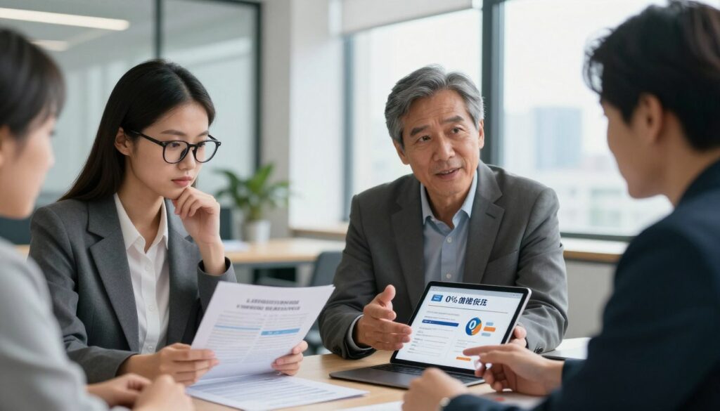 A professional setting depicting a diverse group of individuals engaged in a discussion about personal finance. In the foreground, a young woman with glasses and professional attire is examining a financial document, her expression focused and thoughtful. In the middle, a middle-aged man gestures towards a digital tablet displaying loan options, highlighting the concept of a 0% interest loan. Background features a modern office environment with soft, diffused lighting, large windows allowing natural light to stream in, and a subtle city skyline. The atmosphere conveys a sense of clarity and professionalism, emphasizing transparency in finance. The scene should evoke feelings of trust and optimism regarding financial decisions, without any text or distractions.