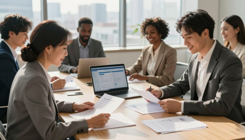 A professional setting depicting a diverse group of individuals representing potential borrowers in a well-lit office environment. In the foreground, a middle-aged woman and a young man, both dressed in professional business attire, are seated at a sleek conference table, reviewing various documents and financial papers. In the middle ground, there’s a modern laptop displaying a financial application on the screen, surrounded by additional paperwork including identification and income statements. The background features a large window with natural sunlight streaming in, revealing a city skyline. The atmosphere is focused and optimistic, conveying a sense of professionalism and readiness for financial opportunities. The overall color palette is warm and inviting, with soft shadows to enhance the depth of the scene.