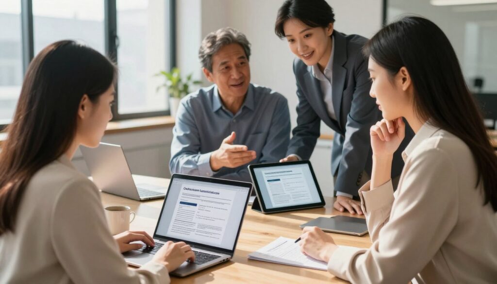 A professional setting depicting a diverse group of people considering online loans. In the foreground, a young woman in smart business attire reviews loan documentation on her laptop, a look of concentration on her face. In the middle ground, a middle-aged man discusses options with a friendly loan officer, who gestures toward a digital tablet displaying loan terms, creating an atmosphere of collaboration and transparency. The background features a modern office space with large windows allowing natural light to flood in, casting soft shadows on the sleek furniture. The color palette is warm and inviting, evoking trust and comfort. The overall mood should convey professionalism, approachability, and optimism in financial planning.