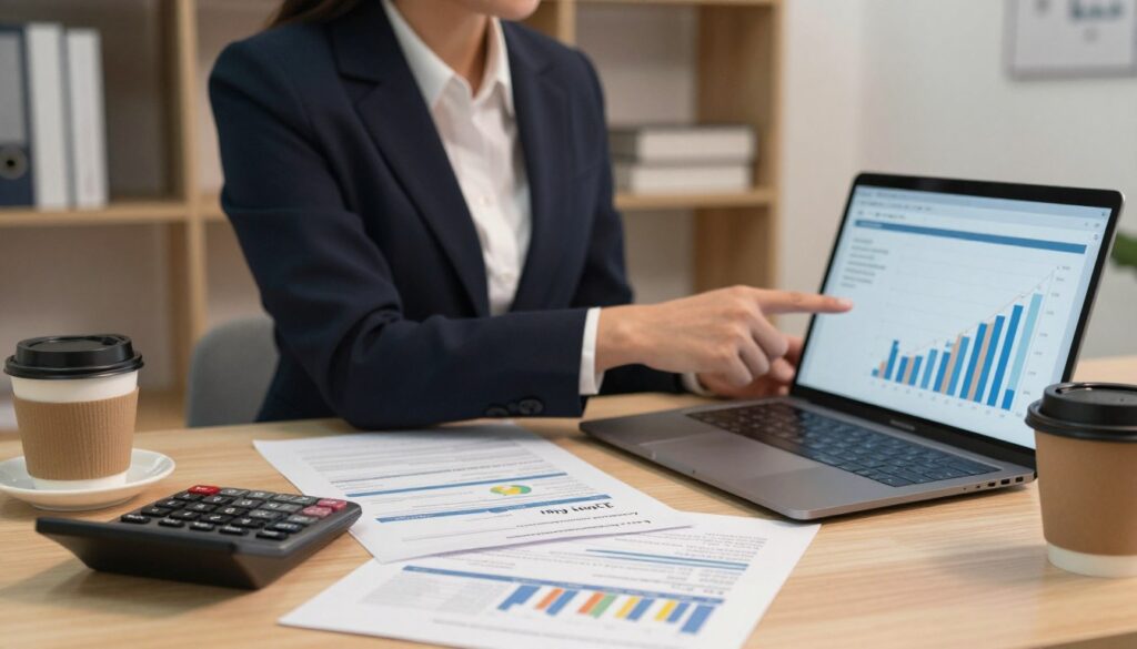 A professional setting showcasing a financial consultant's desk with documents related to loan amounts and terms sprawled out. In the foreground, a calculator and a cup of coffee sit beside a laptop displaying graphs of loan options. The middle layer features a confident financial consultant in professional attire, pointing at a chart on the laptop, illustrating loan amounts and durations. The background features a softly lit office with shelves containing books on finance and economics, creating an atmosphere of expertise and trust. The lighting is warm and inviting, emphasizing a sense of clarity and transparency in financial services. The camera angle is slightly tilted to capture both the consultant and the desk elements effectively. A professional setting showcasing a financial consultant's desk with documents related to loan amounts and terms sprawled out. In the foreground, a calculator and a cup of coffee sit beside a laptop displaying graphs of loan options. The middle layer features a confident financial consultant in professional attire, pointing at a chart on the laptop, illustrating loan amounts and durations. The background features a softly lit office with shelves containing books on finance and economics, creating an atmosphere of expertise and trust. The lighting is warm and inviting, emphasizing a sense of clarity and transparency in financial services. The camera angle is slightly tilted to capture both the consultant and the desk elements effectively.