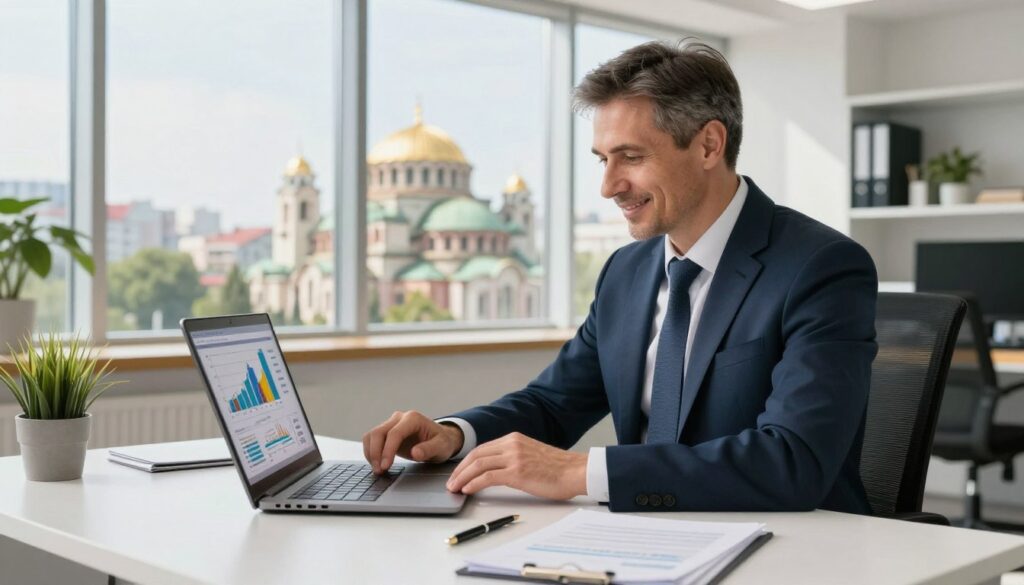 A professional Ukrainian financial advisor is seated at a modern desk, reviewing a laptop displaying financial graphs and loan options. The advisor, a middle-aged individual in smart business attire, exudes confidence and friendliness. In the foreground, a stack of paperwork and a pen are visible, symbolizing efficient service. In the background, bright office decor and large windows show a vibrant cityscape of Kyiv, with the iconic St. Sophia Cathedral in the distance. Natural light floods the scene, creating an optimistic atmosphere. The image captures the essence of reliability, ease, and support in navigating financial choices, evoking a sense of trust and accessibility for potential clients in Ukraine.