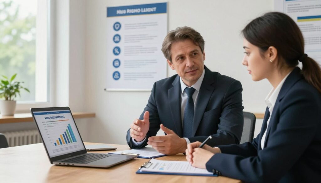 A professional Ukrainian lender’s office setting filled with natural light, featuring a confident middle-aged man in a smart suit discussing loan requirements with a young woman in business attire across a sleek wooden desk. The foreground shows their focused expressions and a laptop with graphs displaying age, citizenship, and borrower qualifications. In the middle, a large poster on the wall illustrates key borrower requirements visually, including icons representing age, nationality, and financial status. The background contains soft greenery outside a window, adding a sense of calm and trust. The atmosphere is professional yet welcoming, evoking feelings of clarity and support in financial decision-making. Soft shadows enhance the realism, captured from a slightly elevated angle for depth.