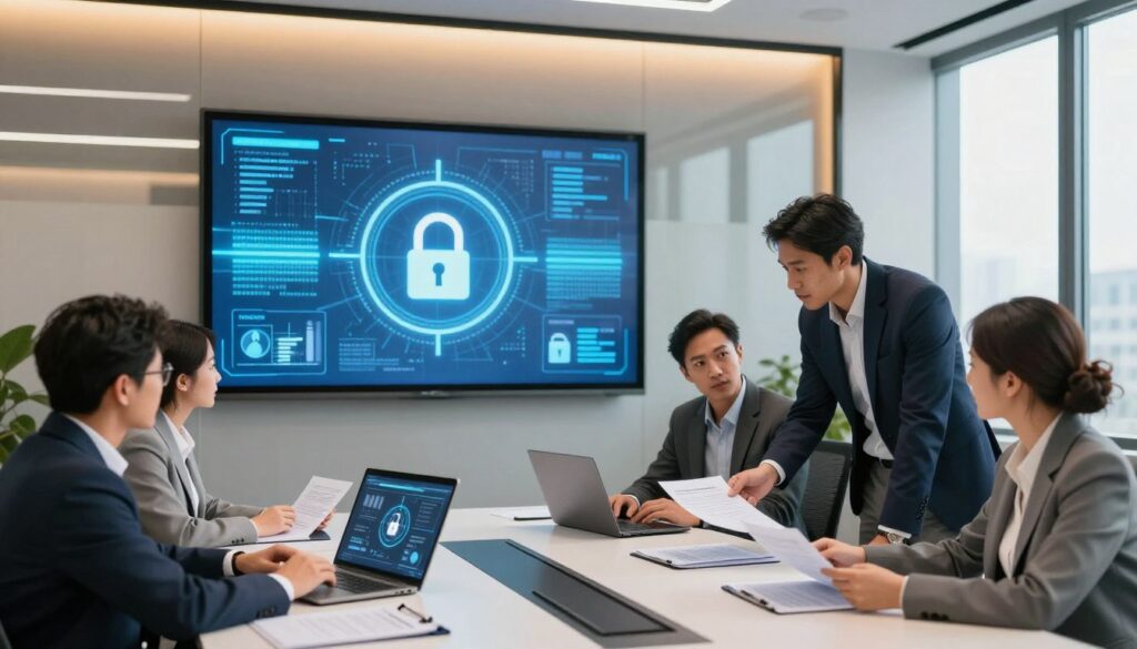A secure office environment focused on data protection, featuring a large digital display showcasing abstract representations of data streams and locks symbolizing security. In the foreground, a diverse group of professionals in business attire are engaged in a discussion, analyzing documents and sharing insights, emphasizing collaboration and trust. The middle ground includes a sleek conference table with laptops and tablets displaying graphs and security icons. The background features a modern office with frosted glass partitioning, softly illuminated by warm, natural lighting streaming through large windows. The mood is professional and focused, illustrating the importance of security and transparency in data handling and contractual agreements.