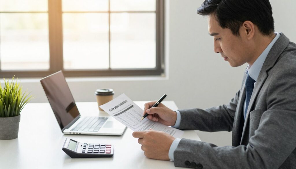 A serene office environment showcasing the concept of early loan repayment and partial payments. In the foreground, a professional-looking man in business attire is reviewing financial documents with a thoughtful expression. He holds a pen poised over a calculator displaying decreasing numbers, symbolizing reduced costs. In the middle ground, a modern desk adorned with a laptop, a cup of coffee, and a plant conveys productivity and focus. In the background, large windows let in soft, warm daylight, creating an inviting atmosphere. The overall mood is optimistic and encouraging, emphasizing reliability and transparency in financial decisions, with a clear focus on managing finances wisely.