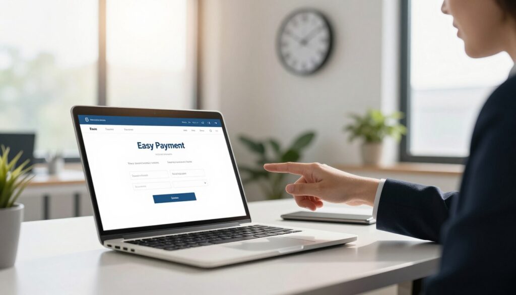 A serene office setting focused on the theme of loan repayment and financial solutions. In the foreground, a neatly organized desk with a laptop open to a digital payment interface, showcasing an easy payment process. A hand, dressed in business attire, points at the screen, indicating clarity and accessibility. In the middle ground, a modern wall clock and a potted plant, symbolizing time management and growth, respectively. The background features large windows allowing natural light to flood the room, creating a warm and inviting atmosphere. Soft shadows bring depth, and a slight lens flare adds a professional touch, enhancing the mood of trust and reliability in financial services. A serene office setting focused on the theme of loan repayment and financial solutions. In the foreground, a neatly organized desk with a laptop open to a digital payment interface, showcasing an easy payment process. A hand, dressed in business attire, points at the screen, indicating clarity and accessibility. In the middle ground, a modern wall clock and a potted plant, symbolizing time management and growth, respectively. The background features large windows allowing natural light to flood the room, creating a warm and inviting atmosphere. Soft shadows bring depth, and a slight lens flare adds a professional touch, enhancing the mood of trust and reliability in financial services.