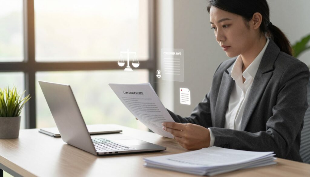 A serene office setting, focusing on a professional businesswoman reviewing consumer rights documents related to financial agreements. In the foreground, the woman, dressed in formal business attire, sits at a sleek desk with a laptop and a stack of papers. The middle ground features visually engaging graphics of consumer rights icons, like scales and contracts, subtly integrated into the workspace. The background reveals a large window with soft natural light bathing the room, adding warmth to the atmosphere. There’s a calm, focused mood, inviting viewers to reflect on the importance of understanding consumer rights in financial transactions. Soft shadows enhance the depth of the scene, captured from a slightly elevated angle for an immersive perspective.
