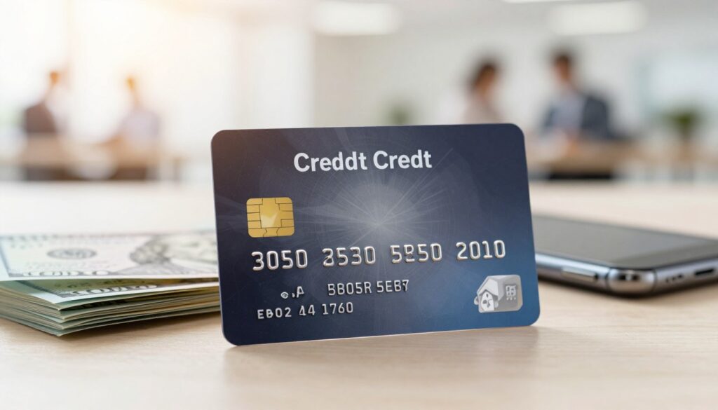A sleek, modern credit card prominently displayed in the foreground, featuring a virtual design indicative of online banking. The card should have a subtle glow, suggesting technological advancement, with a blurred stack of cash and a smartphone behind it, symbolizing online transactions. In the background, a soft-focus image of a professional-looking office with warm lighting, conveying a sense of security and trust. The scene should capture an atmosphere of convenience and innovation, showcasing the theme of easy access to online credit. The lighting should be bright yet soft, creating a welcoming and professional ambiance. The composition should be angled slightly from above to emphasize the card and technology, highlighting the overall theme of digital financial services.