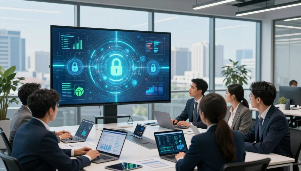 A sleek, modern office environment representing data security. In the foreground, a diverse group of professionals in business attire are engaged in a discussion around a table filled with laptops, tablets, and documents displaying graphs and data analytics. In the middle, a large digital screen shows abstract visuals of locked data and cybersecurity icons, glowing softly in a blue and green color palette. The background features glass windows that reveal a cityscape under a bright, clear sky, symbolizing transparency and trust. Soft, ambient lighting creates a professional yet inviting atmosphere, emphasizing collaboration and the importance of data integrity. The angle is slightly overhead, capturing the dynamic interaction between key team members and the technology they use to ensure data protection.
