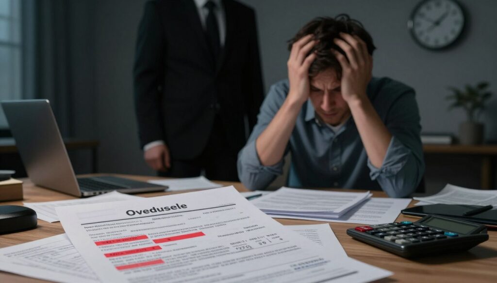 A solemn and illustrative scene depicting the consequences of delayed loan payments, focusing on a worried borrower seated at a cluttered desk overflowing with bills. In the foreground, a close-up of overdue notices with highlighted red marks and a calculator displaying a high sum. In the middle ground, a shadowy figure representing a stern creditor appears, looming over the borrower, creating a feeling of pressure. The background features a dimly lit room with a clock showing late hours, enhancing the urgency of the situation. Soft, dramatic lighting casts shadows, evoking a tense atmosphere. The overall mood is one of anxiety and dread as the borrower contemplates the repercussions of financial irresponsibility.