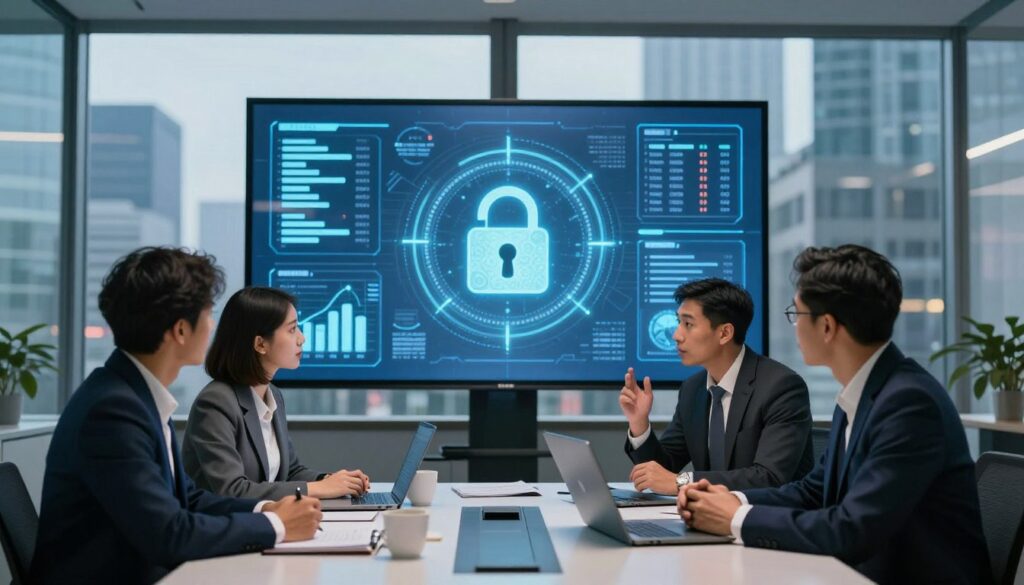 A visual representation of data protection, featuring a modern office environment. In the foreground, a diverse group of three professionals—one woman and two men—are discussing data security strategies around a sleek conference table, all dressed in professional business attire. The middle ground displays a large digital screen showcasing a lock icon, symbolizing encryption, along with complex data graphs. The background features glass walls that reveal a busy cityscape, bathed in soft, ambient lighting that conveys a sense of innovation and security. The atmosphere should feel collaborative and focused, emphasizing the importance of personal information protection in a technological landscape. A visual representation of data protection, featuring a modern office environment. In the foreground, a diverse group of three professionals—one woman and two men—are discussing data security strategies around a sleek conference table, all dressed in professional business attire. The middle ground displays a large digital screen showcasing a lock icon, symbolizing encryption, along with complex data graphs. The background features glass walls that reveal a busy cityscape, bathed in soft, ambient lighting that conveys a sense of innovation and security. The atmosphere should feel collaborative and focused, emphasizing the importance of personal information protection in a technological landscape.