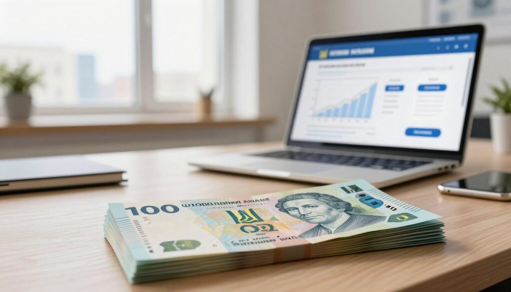 A visually striking composition that embodies the concept of a personal loan in Ukraine, presenting a large, creative representation of a calculated amount of credit in Ukrainian hryvnias. In the foreground, a stylized stack of banknotes with distinct Ukrainian designs can be seen, along with an overlay of digital elements like graphs and charts indicating interest rates and loan periods. The middle ground features a modern, welcoming office environment with a laptop open to a financial application, indicating the loan process. Soft and warm lighting enhances the professional vibe, capturing a sense of security and reliability. The background shows a clean and organized workspace to evoke a trustworthy atmosphere, with a hint of a blurred city skyline through a large window, suggesting accessibility and convenience in obtaining loans online. A visually striking composition that embodies the concept of a personal loan in Ukraine, presenting a large, creative representation of a calculated amount of credit in Ukrainian hryvnias. In the foreground, a stylized stack of banknotes with distinct Ukrainian designs can be seen, along with an overlay of digital elements like graphs and charts indicating interest rates and loan periods. The middle ground features a modern, welcoming office environment with a laptop open to a financial application, indicating the loan process. Soft and warm lighting enhances the professional vibe, capturing a sense of security and reliability. The background shows a clean and organized workspace to evoke a trustworthy atmosphere, with a hint of a blurred city skyline through a large window, suggesting accessibility and convenience in obtaining loans online.