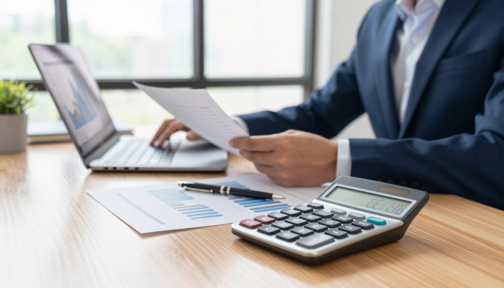 A visually striking representation of an annual percentage rate (APR) concept. In the foreground, a polished wooden desk holds a modern calculator displaying figures, alongside neatly arranged financial documents and a stylish pen. In the middle ground, a professional businessperson, dressed in smart attire, examines these documents while reviewing a laptop screen, which shows a graph of interest rates. The background features a bright, airy office setting with large windows allowing natural light to flood in, illuminating the scene with a sense of clarity and optimism. Soft shadows and reflections add depth, enhancing the mood of financial empowerment and analytical focus. The overall atmosphere conveys professionalism, trust, and a goal-oriented approach to financial success.