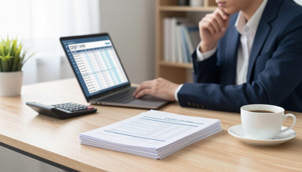 A well-organized financial workspace with a focus on debt repayment. In the foreground, a clean wooden desk with a stack of neatly organized documents, a calculator, and a cup of coffee, symbolizing careful planning. In the middle ground, a professional businessperson in business attire, looking thoughtfully at a laptop screen displaying a budgeting application, conveying focus and determination. In the background, soft diffused lighting from a window, with plants and bookshelves to create a calm atmosphere. The overall mood is one of clarity and positivity, emphasizing the idea of successful financial management and achieving debt repayment without delays or extra payments.