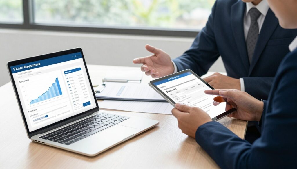 A well-organized office setting showcasing various methods of loan repayment. In the foreground, a laptop displays a digital payment platform with graphs and charts, symbolizing online repayment options. To the right, a person in professional business attire is discussing finances with a financial advisor, using a tablet to illustrate offline repayments. In the middle ground, a desk is cluttered with paperwork and a “payment” checklist. The background features a large window letting in natural light, creating a bright and optimistic atmosphere. Soft shadows add depth to the scene, and the overall mood is professional and informative, embodying a modern take on loan repayment strategies. A well-organized office setting showcasing various methods of loan repayment. In the foreground, a laptop displays a digital payment platform with graphs and charts, symbolizing online repayment options. To the right, a person in professional business attire is discussing finances with a financial advisor, using a tablet to illustrate offline repayments. In the middle ground, a desk is cluttered with paperwork and a “payment” checklist. The background features a large window letting in natural light, creating a bright and optimistic atmosphere. Soft shadows add depth to the scene, and the overall mood is professional and informative, embodying a modern take on loan repayment strategies.