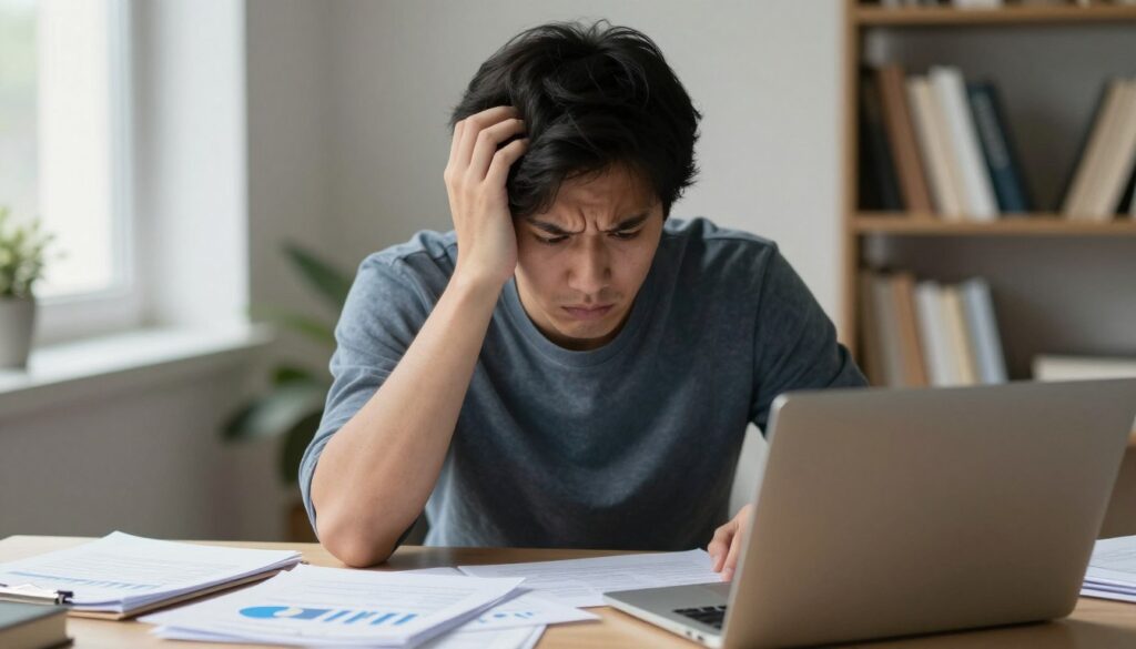 A worried young adult sits at a desk cluttered with financial documents and a laptop, embodying the anxiety of dealing with a bad credit history. Their expression reflects concern, with furrowed brows and a slight frown. On the desk, visible charts and papers highlight low credit scores and loan rejection letters, emphasizing the stress of financial uncertainty. Soft, natural lighting filters through a window, casting gentle shadows that create an intimate atmosphere. In the background, a bookshelf filled with financial books suggests a quest for knowledge and solutions. Use a shallow depth of field to bring focus to the subject while softly blurring the background. The overall mood should evoke a sense of urgency and resilience in overcoming financial challenges.